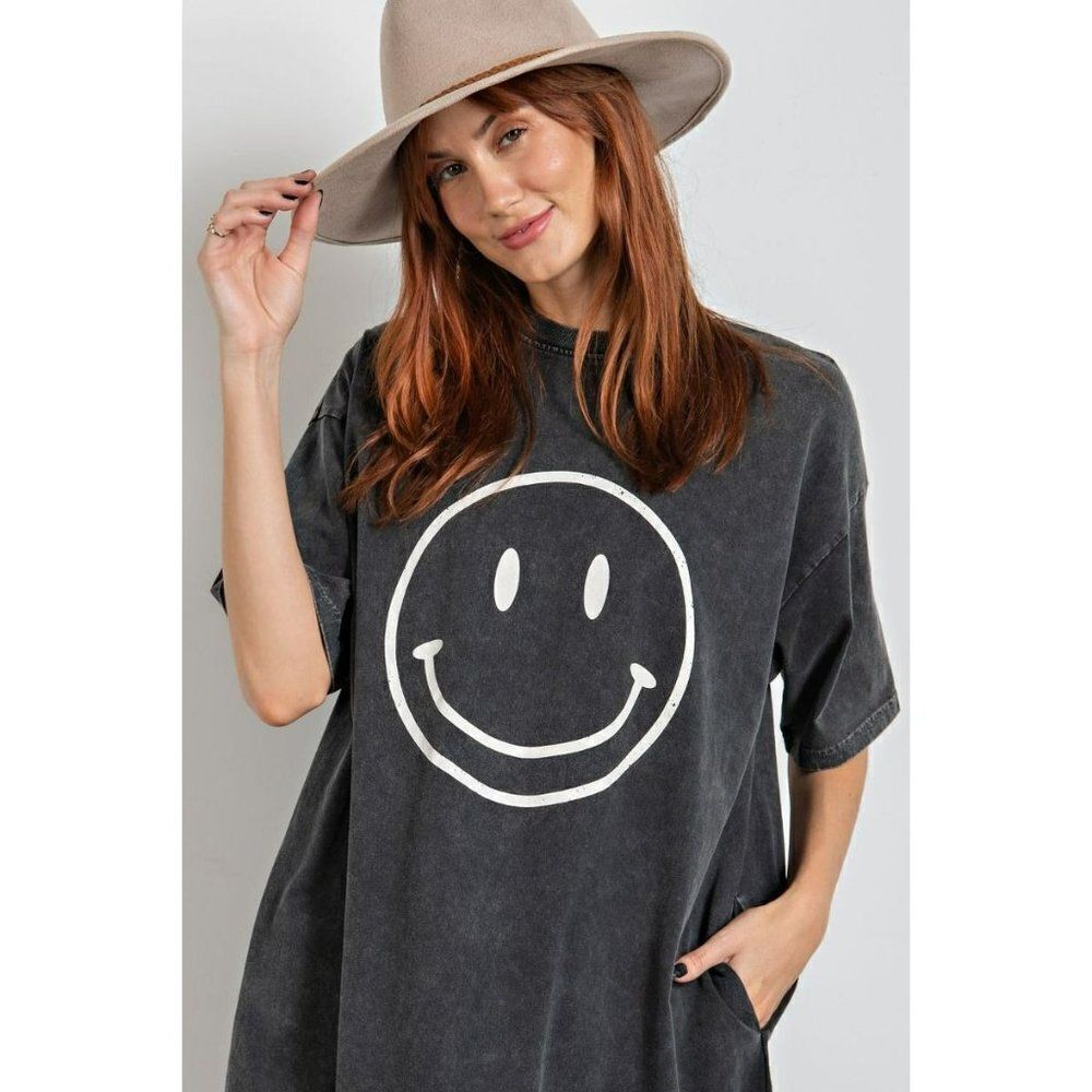 Easel Womens Smiley Face Happy Oversized Dress Top in Black S-L ED18419 - Picture 2 of 4